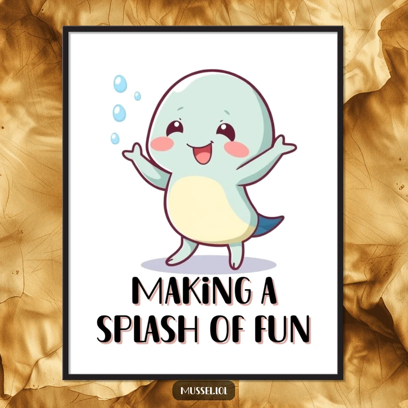 Funny Free Printable Wall Art: A mussel character performing an energetic wiggle dance, with water droplets flying all around.