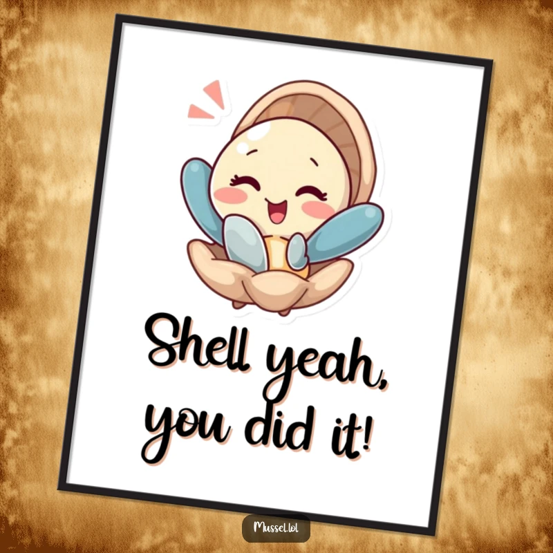 Funny Free Printable Wall Art: A mussel character winking as it playfully pops out of its shell with a flourish.