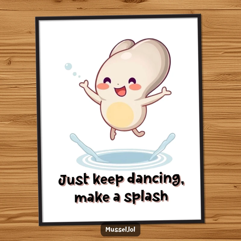 Funny Free Printable Wall Art: Mussel Dancing Joyfully with Little Legs and a Tiny Splash