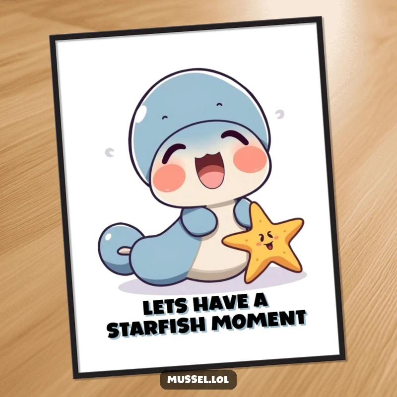 Funny Free Printable Mussel Wall Art: A mussel and a small starfish are caught mid-laugh, sharing a hilarious joke.