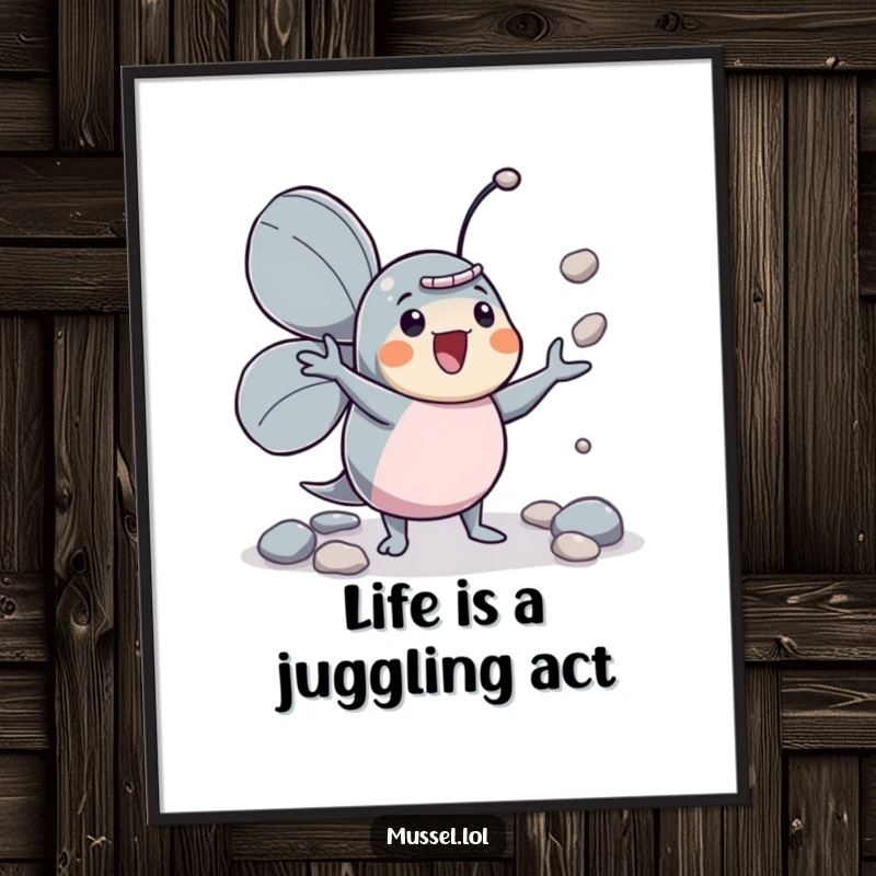 Funny Free Printable Mussel Wall Art: A playful mussel enthusiastically juggles small pebbles in a delightful display.