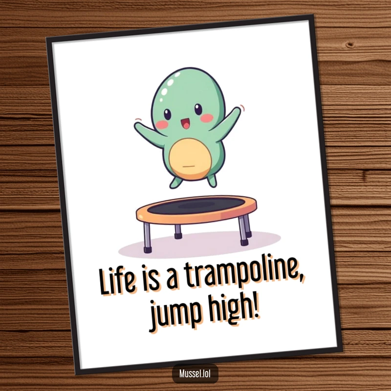 Funny Free Printable mussel character happily bouncing on a small trampoline, creating energetic downloadable wall art.