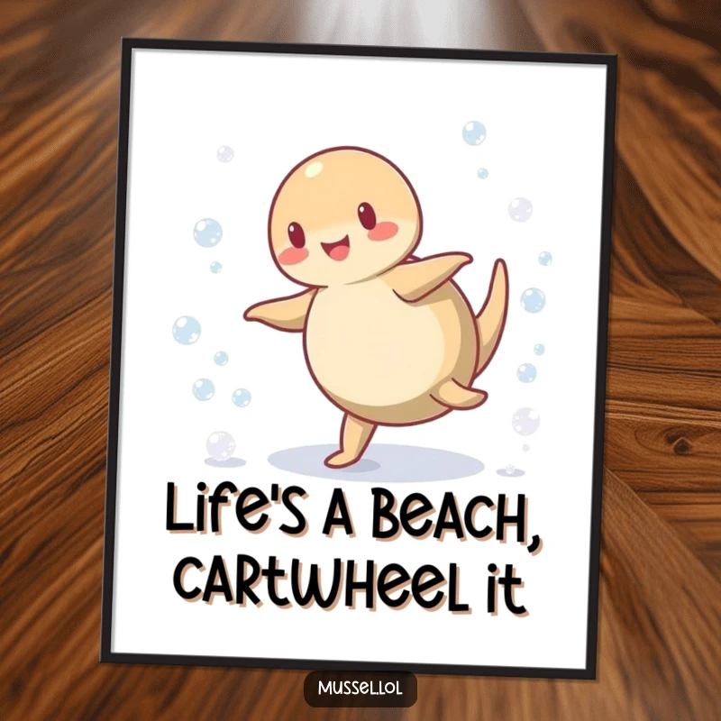 Funny Free Printable Wall Art: A comical mussel mid-cartwheel, scattering tiny bubbles, adding playful energy to decor.