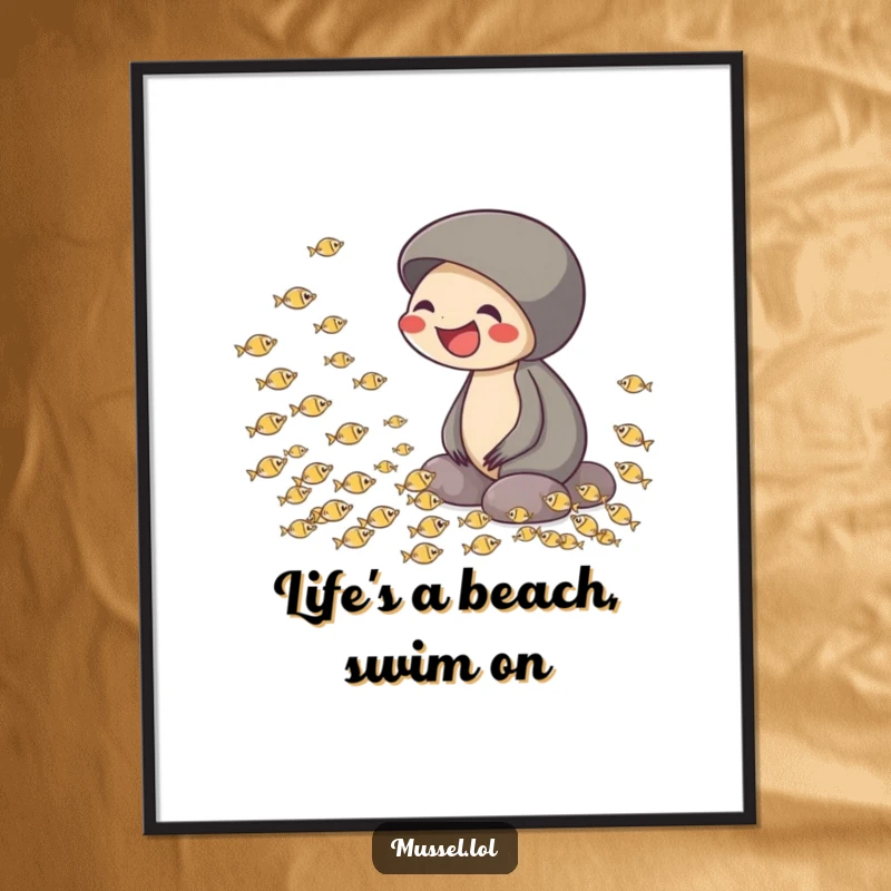 Funny Free Printable Wall Art: A mussel caught in laughter while observing a school of tiny fish swimming in a perfect circle.