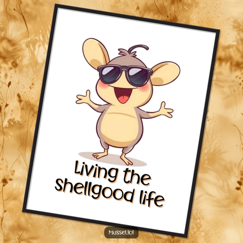 Funny Free Printable Wall Art: Cool mussel character in sunglasses enthusiastically dances a jig, bringing fun and party vibes to the space.