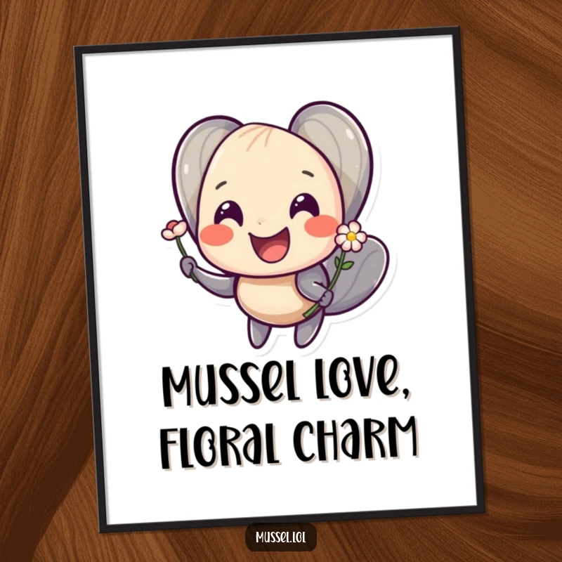 Funny Free Printable Wall Art: A mussel with a wide smile offering a tiny flower, creating a heartwarming and humorous piece of downloadable art.