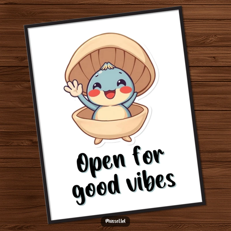 Funny Free Printable Wall Art: A smiling mussel character waving excitedly from its colorful, open shell, bringing seaside cheer.