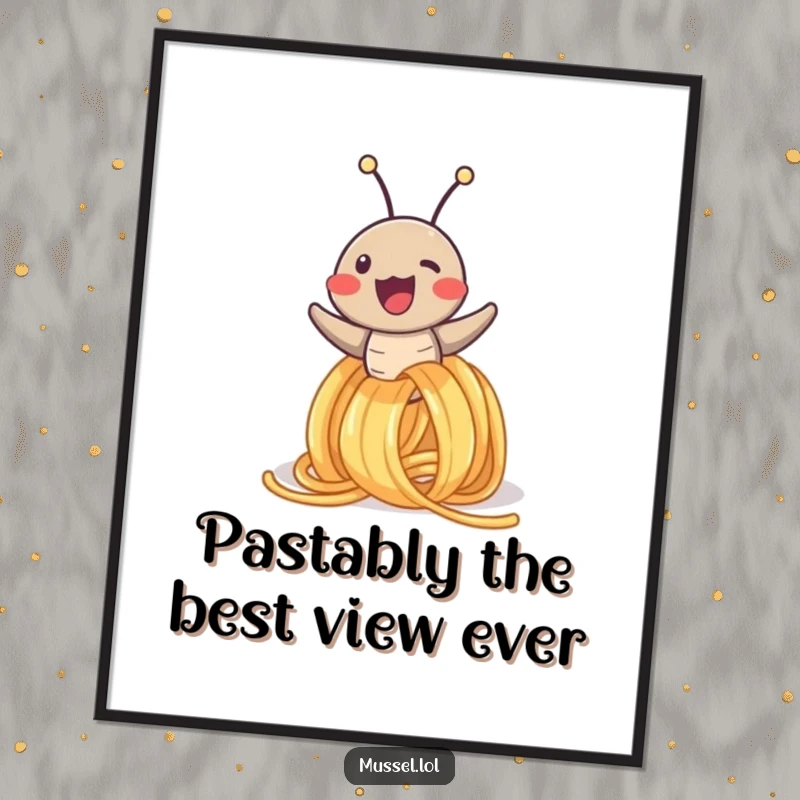 Funny Free Printable Wall Art: Amused mussel character joyfully sliding down a spaghetti noodle, adding a splash of humor.