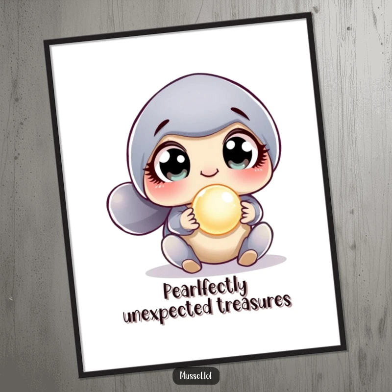 Funny Free Printable Wall Art: A mussel character with comically large, surprised eyes discovering a shimmering pearl.