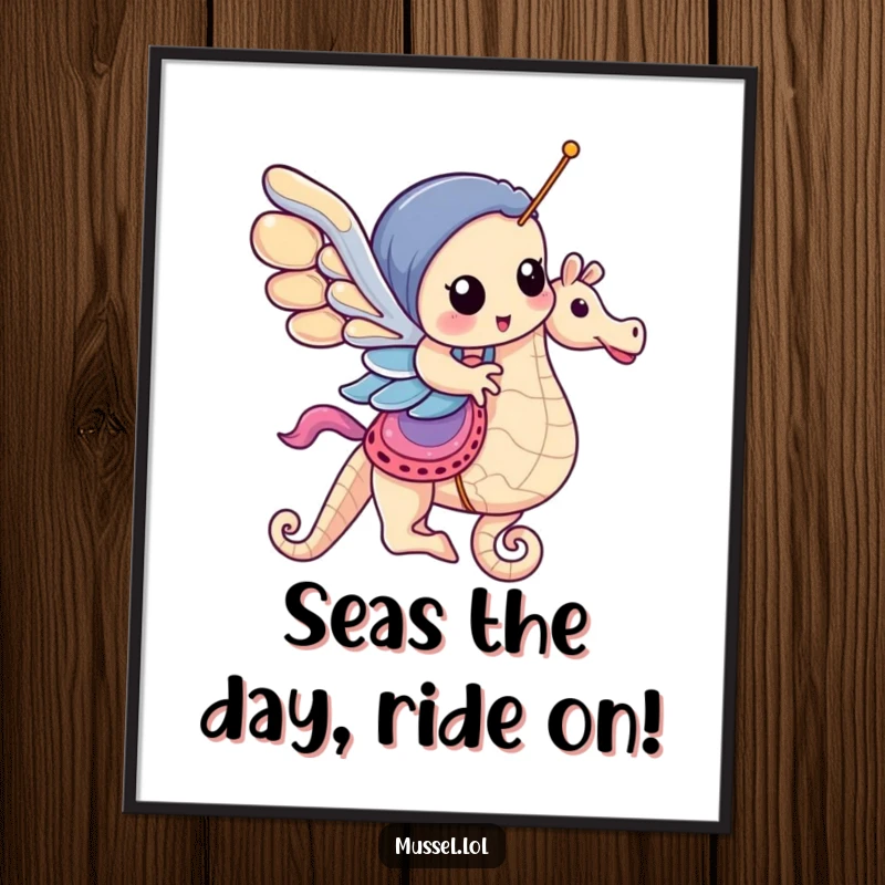 Funny Free Printable Wall Art: A cheerful mussel rides a seahorse with glee, evoking underwater joy. Whimsical art!