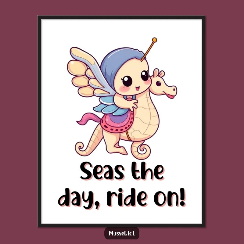 Funny Free Printable Wall Art: Mussel on Seahorse, Whimsical Ocean Ride Downloadable Decor