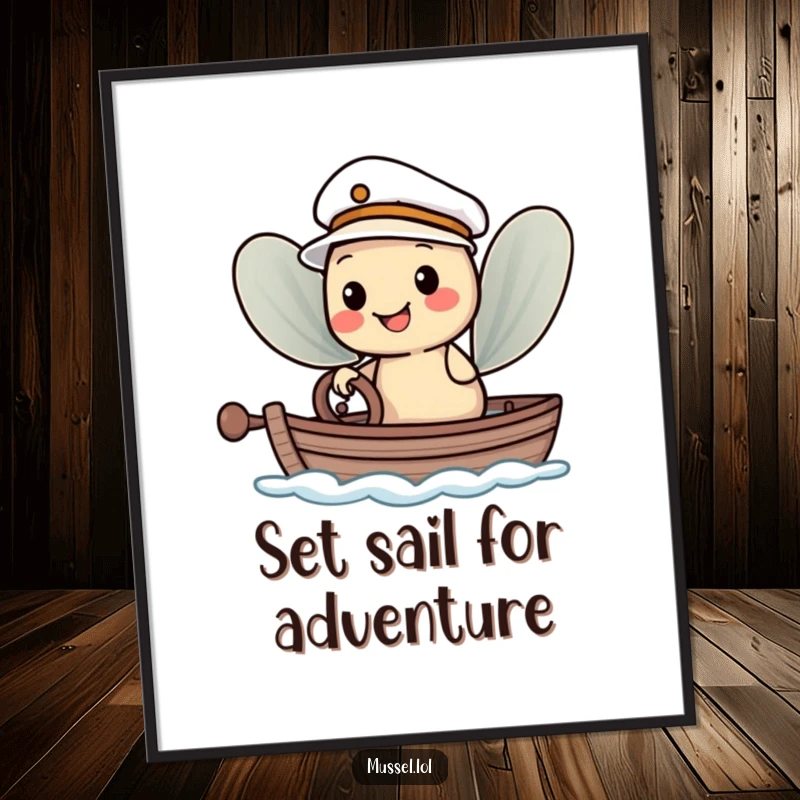Funny Free Printable Wall Art of a smiling mussel character in a tiny sailor hat, steering a small boat on the sea.