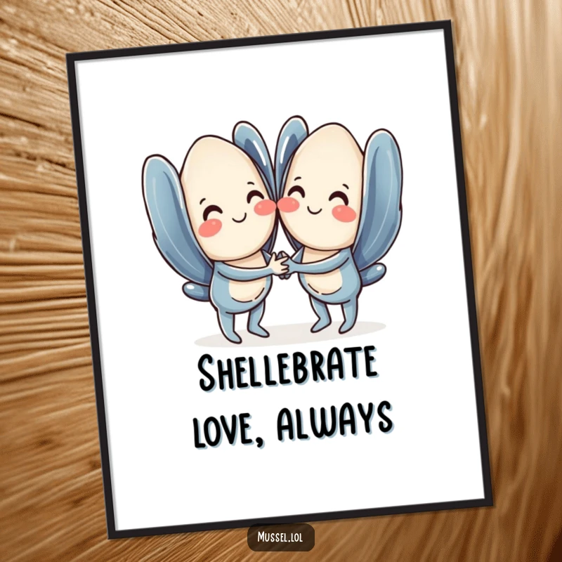 Funny Free Printable Wall Art: Cute mussels holding hands, smiling sweetly, adding a touch of humor to any room.