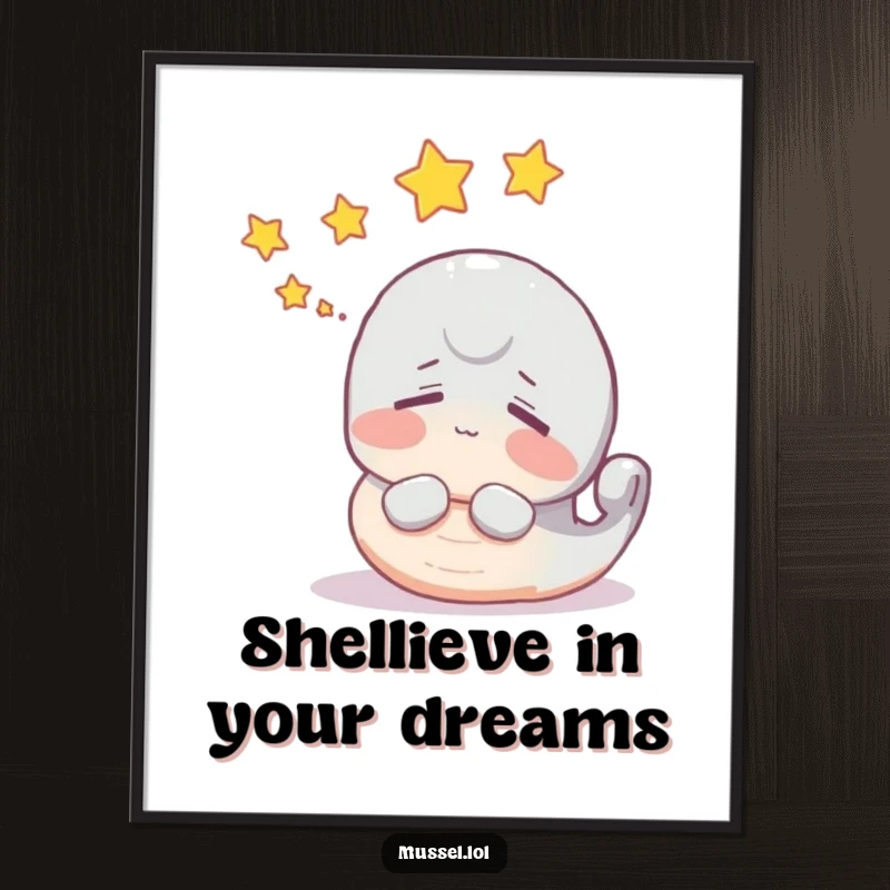 Funny Free Printable Wall Art: A mussel character dreaming with stars floating above, creating a whimsical atmosphere.