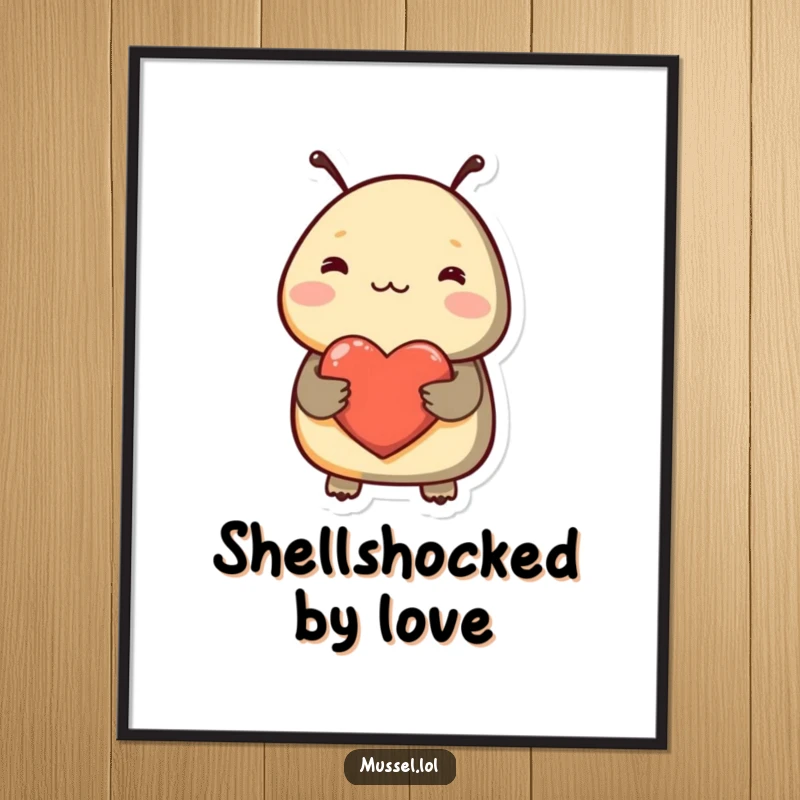 Funny Free Printable Wall Art: Shy mussel character blushing sweetly holds a heart, creating a tender and charming piece of downloadable art.