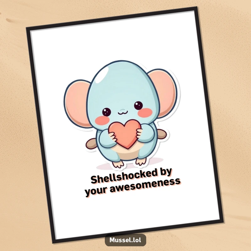 Funny Free Printable Wall Art: A shy mussel character holds out a small heart with a bashful expression.