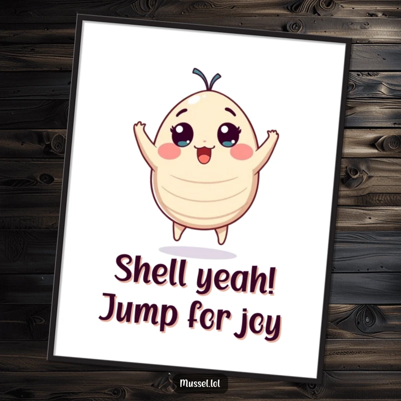 Free Printable Wall Art: A plump mussel character with huge eyes captured mid-leap in sheer, explosive excitement.