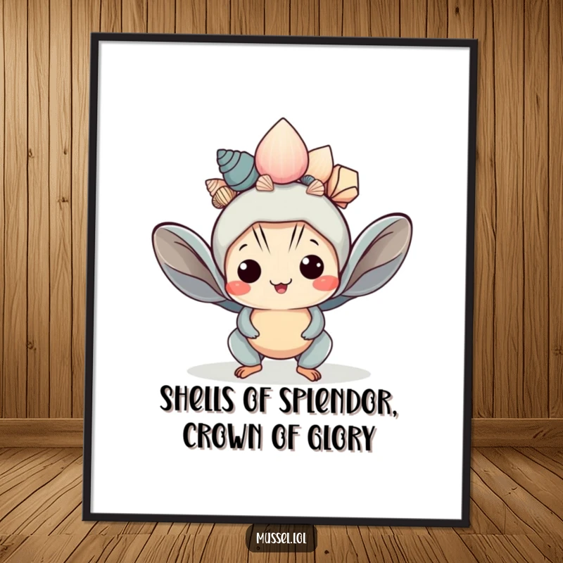 Funny Free Printable Wall Art: A kawaii mussel balancing seashells like a crown, adding regal humor to walls.