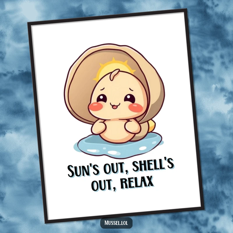 Funny Free Printable Wall Art of a content mussel character peacefully enjoying the sunlight on its shell.
