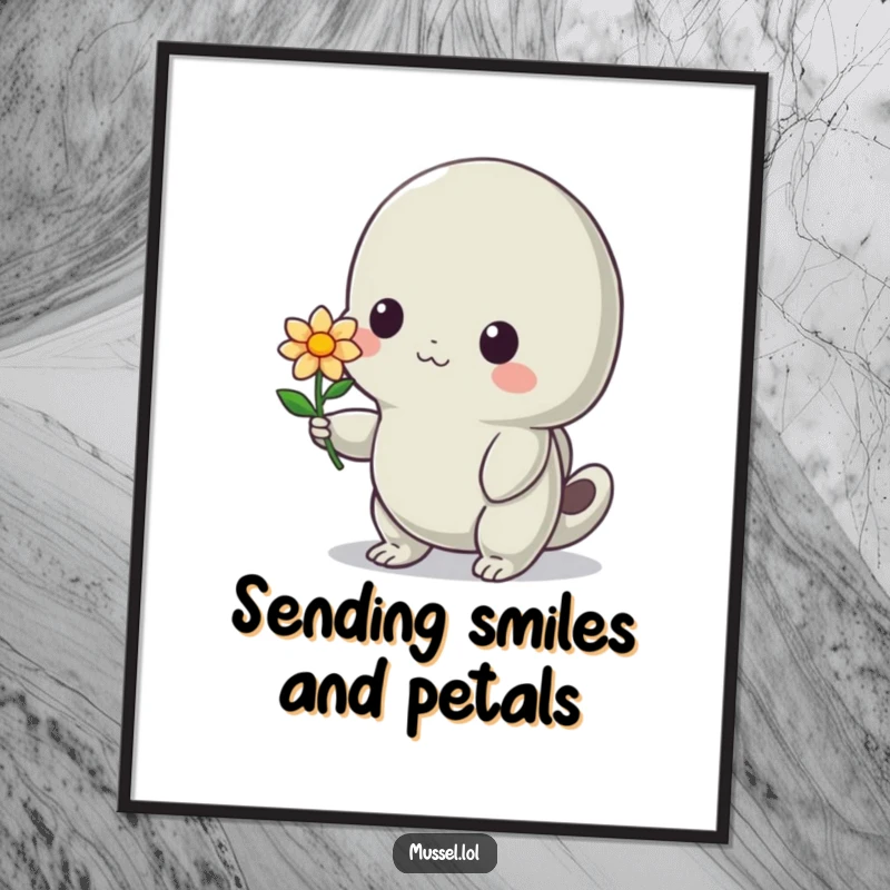 Free Printable Wall Art: A shy mussel character holding and offering a tiny flower with a sweet, gentle smile.