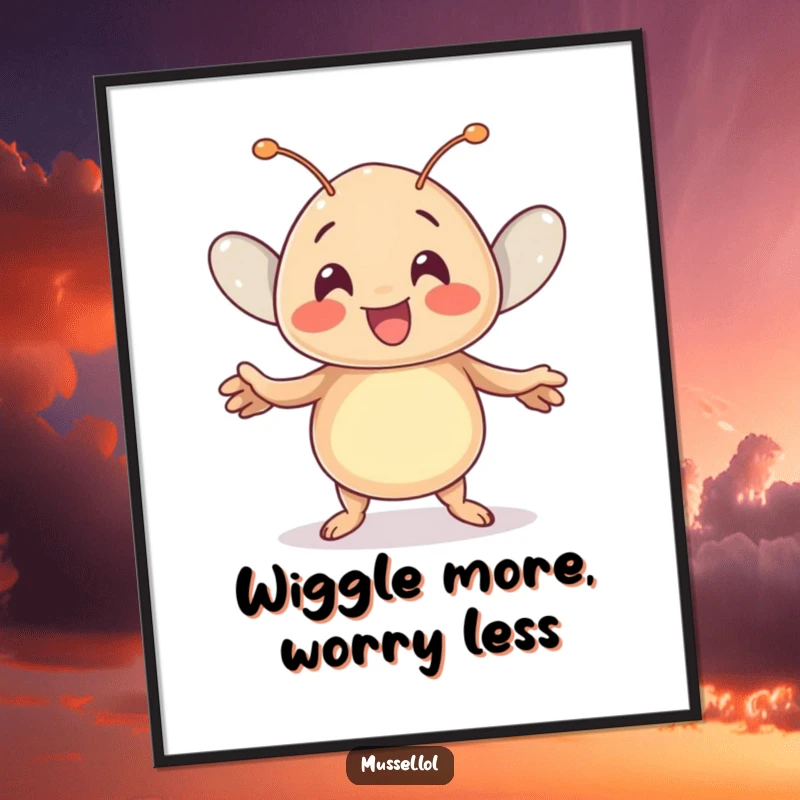 Funny Free Printable Wall Art: A cute kawaii mussel doing a joyful wiggle dance, bringing happy vibes.