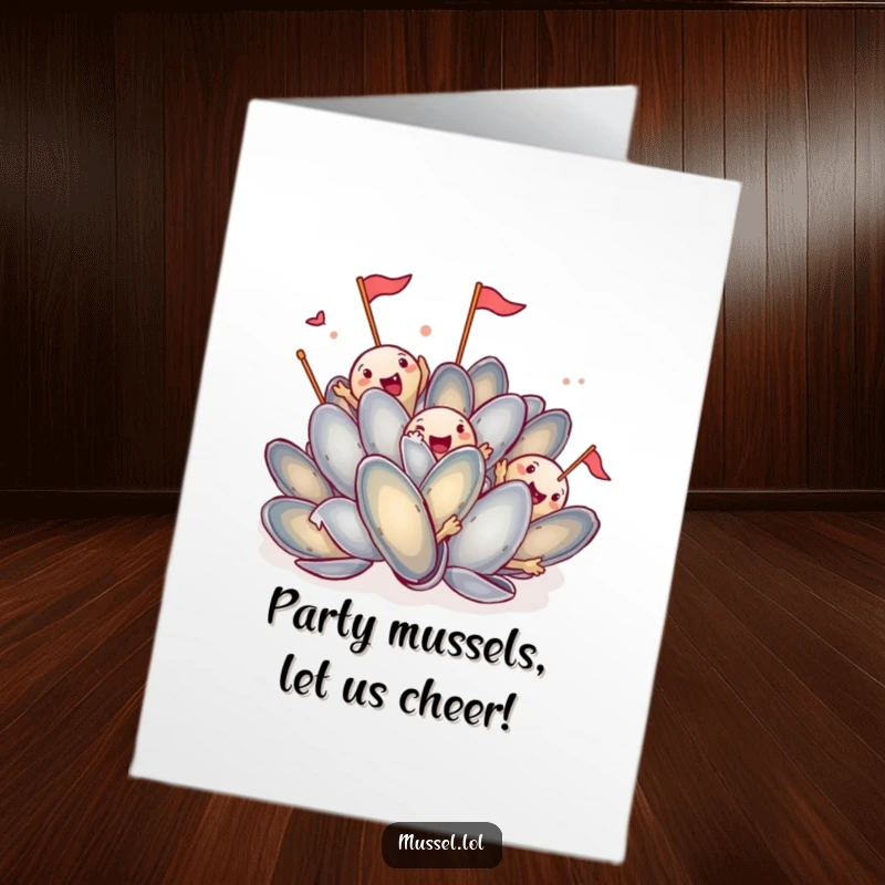 Funny Free Printable Birthday Card: Mussels gleefully waving tiny flags, celebrating with energetic joy, perfect for a downloadable gift.