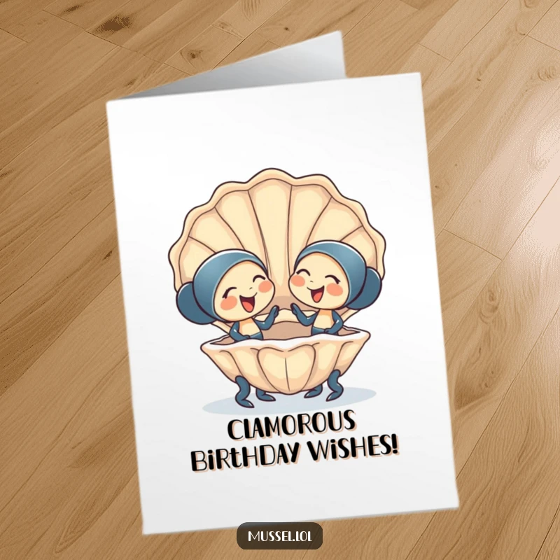Funny Free Printable Birthday Card showing two happy mussel characters giggling while sharing a giant clam shell, a delightful scene.