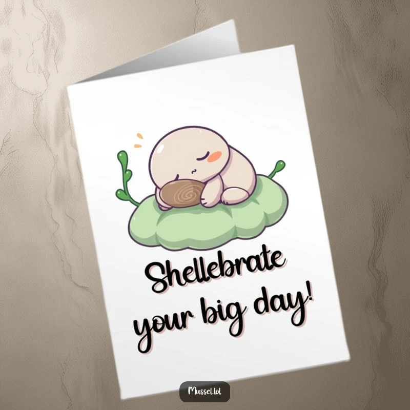 Funny Free Printable Birthday Card: A cute mussel character peacefully snoozing on soft green seaweed, dreaming sweet dreams.