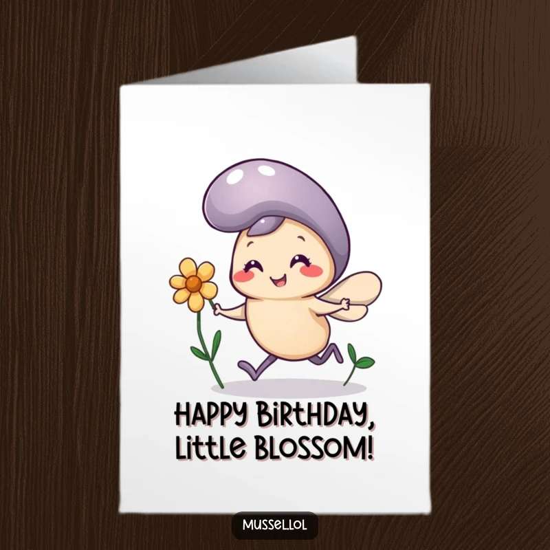 Funny Free Printable Birthday Card: Mussel character with comically tiny legs joyfully running with a flower, cartoon style.