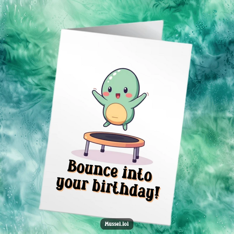 Funny Free Printable mussel character happily bouncing on a small trampoline, ideal for a birthday card.
