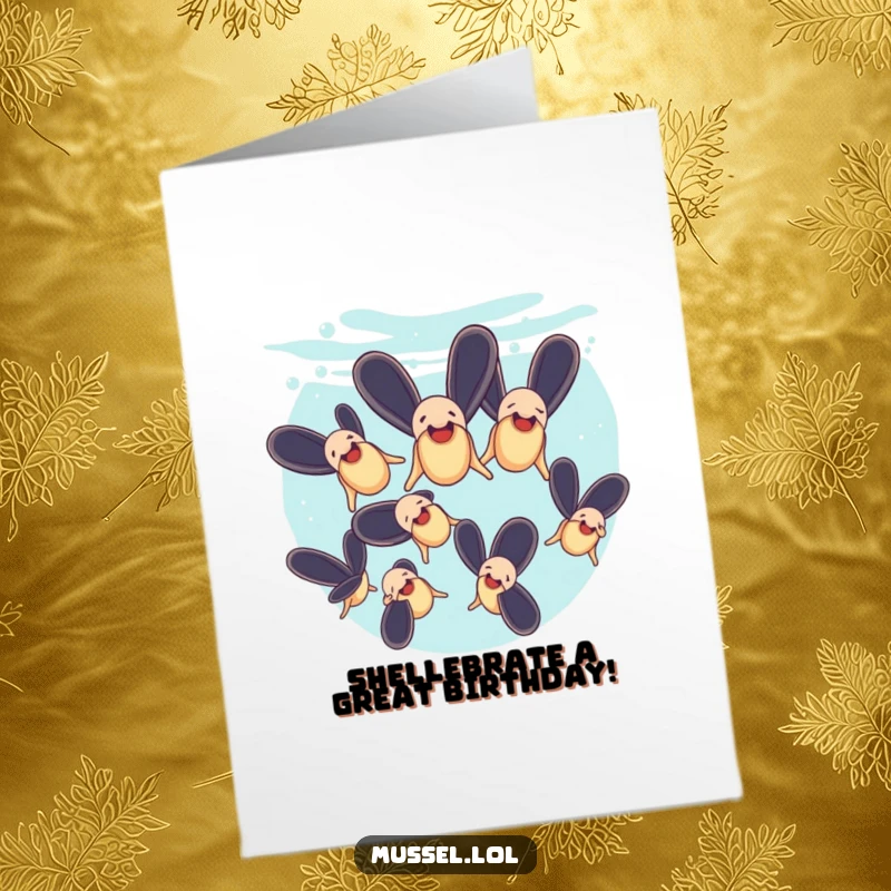 Funny Free Printable Birthday Card: A group of mussels performing a synchronized swimming routine underwater with precise, humorous coordination.