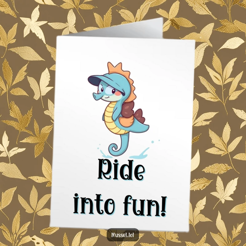 Funny Free Printable Birthday Card: A happy mussel giggling uncontrollably while riding a friendly blue seahorse.