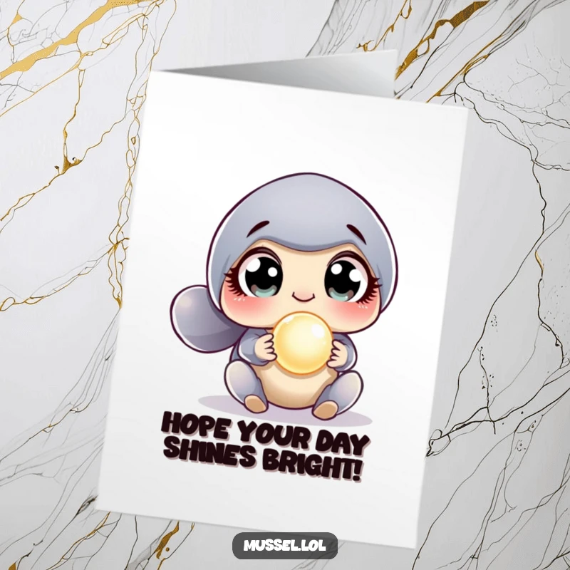 Funny Free Printable Birthday Card: A mussel with comically wide eyes gasps in amazement finding a sparkling pearl.