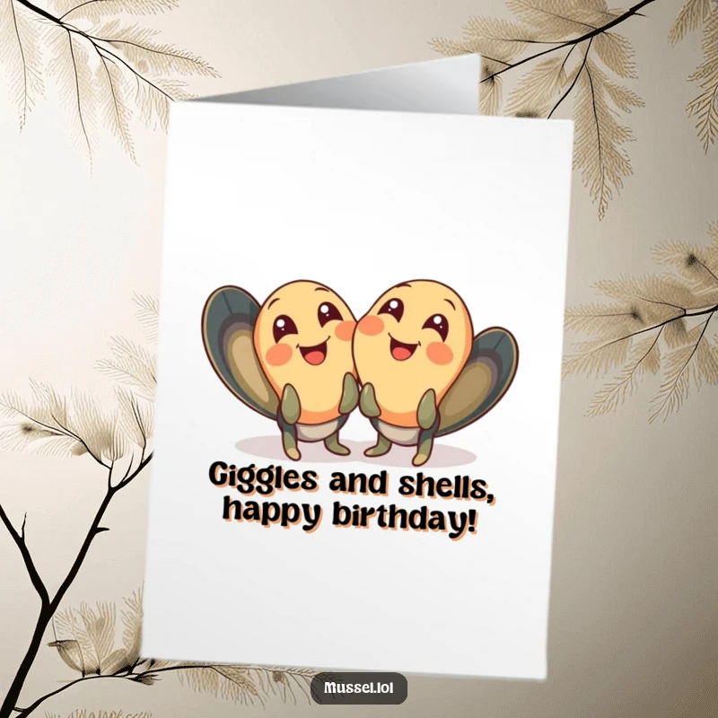 Funny Free Printable Birthday Card: Two Mussels Giggling with Wide Joyful Eyes, Happy Celebration