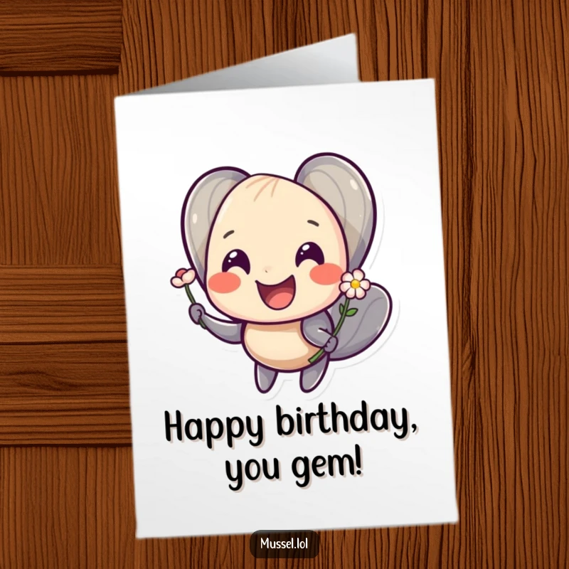 Funny Free Printable Birthday Card: A mussel with a wide smile offering a tiny flower, spreading joy and humor on a birthday.