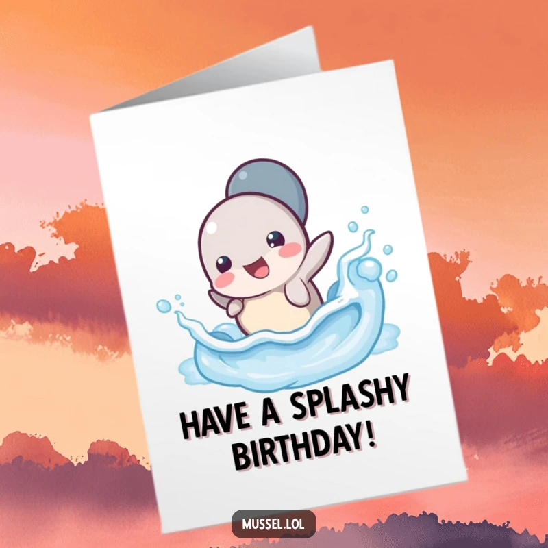 Free Printable Birthday Card showing a happy mussel character gleefully splashing around in a miniature ocean wave, celebrating the day with energy.