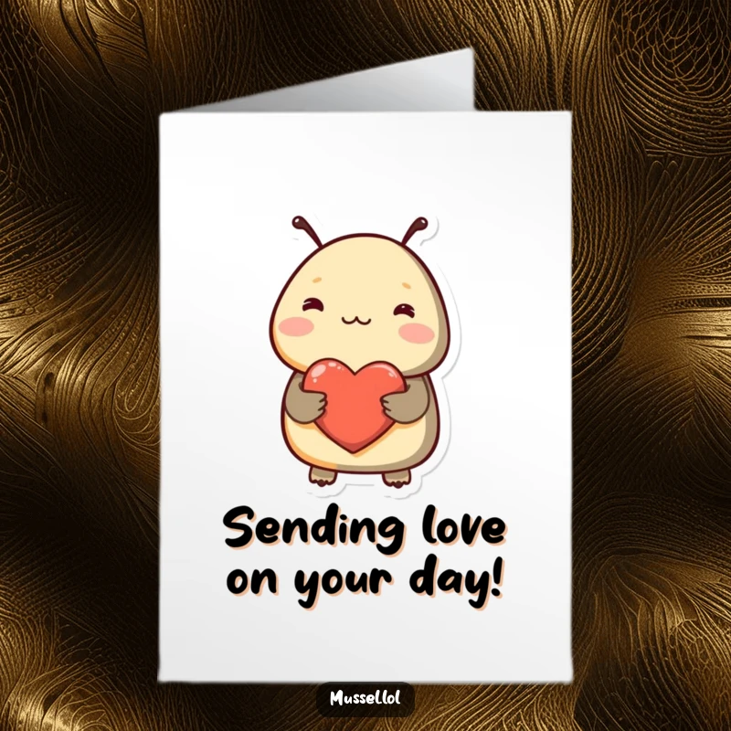 Funny Free Printable Birthday Card: Shy mussel character blushes deeply while tenderly holding a glowing heart, sending birthday love.