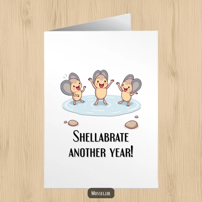 Funny Free Printable Birthday Card: Group of mussels performing a synchronized dance routine in a tide pool, celebrating joyfully.