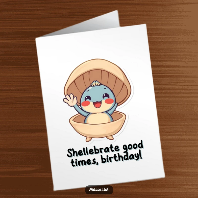 Funny Free Printable Birthday Card: A cheerful mussel character peeking from its open shell, excitedly waving hello.
