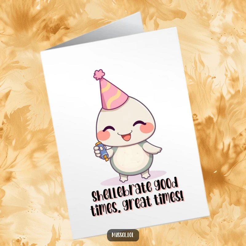 Funny Free Printable Birthday Card featuring a cheerful mussel in a party hat blowing a noisemaker, ready to celebrate.