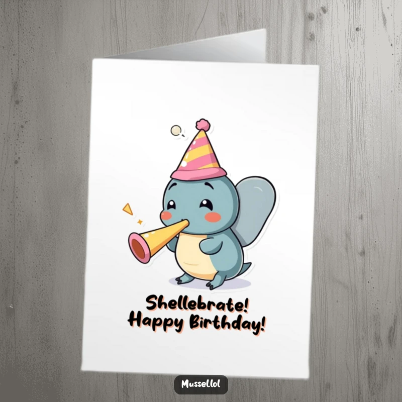 Funny Free Printable Birthday Card: Mussel character sporting a party hat, enthusiastically blowing a party horn, cartoon style.