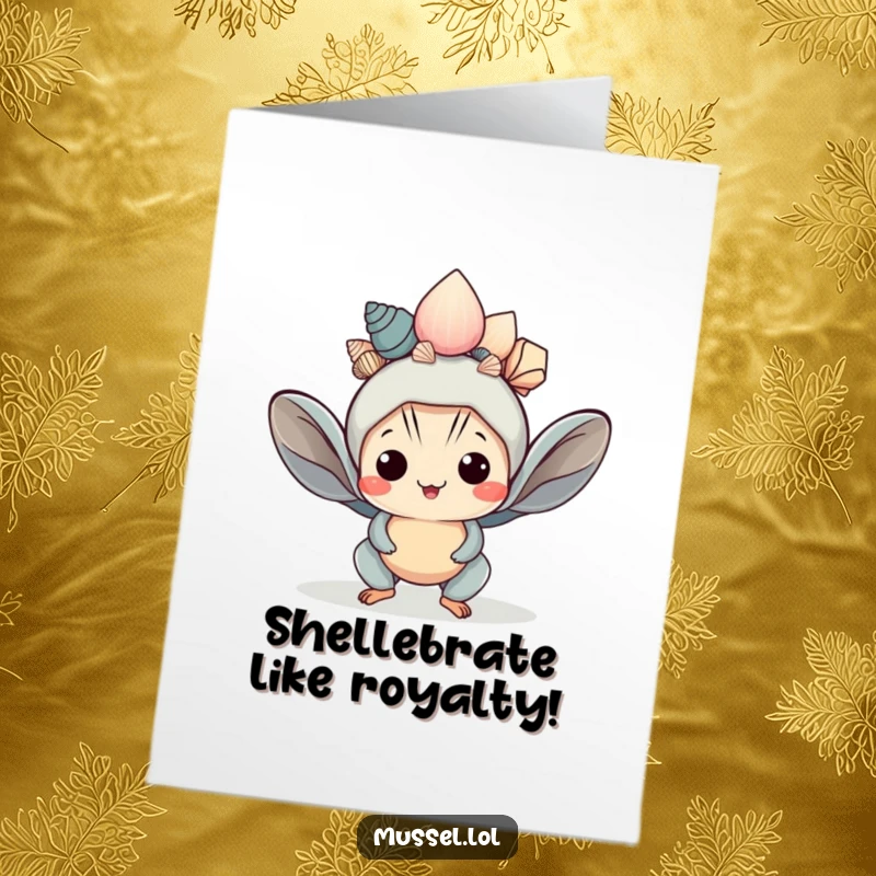 Funny Free Printable Birthday Card: Kawaii mussel balancing seashells like a crown, a perfect DIY gift.