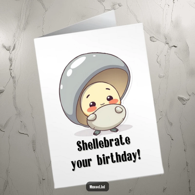 Funny Free Printable Birthday Card: A shy mussel peeking from behind a bigger mussel, offering birthday wishes.