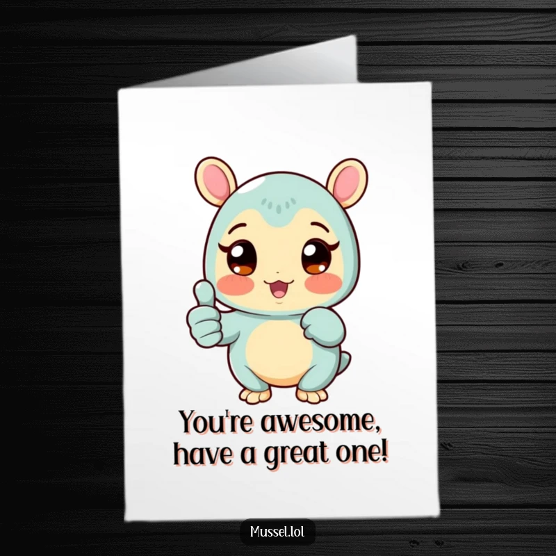 Funny Free Printable Birthday Card featuring a happy mussel with rosy cheeks and wide eyes giving a big thumbs up.