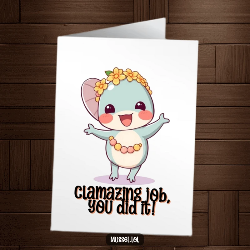 Funny Free Printable Congratulations Card: A happy mussel wearing a flower lei, dancing ecstatically to celebrate good news.