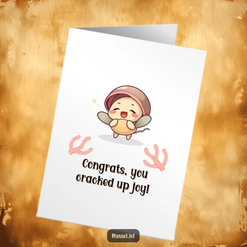 Funny Free Printable congratulations card of a mussel giggling as a sea anemone tickles it, celebrating lighthearted success.