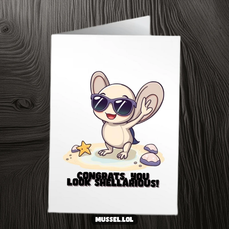 Funny Free Printable congratulations card of a mussel in sunglasses posing coolly by a tiny beach, celebrating laid-back success.