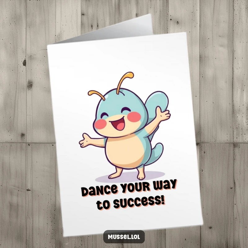 Funny Free Printable Congrats Card: A cheerful mussel character bustles with joy, doing a happy shimmy dance.