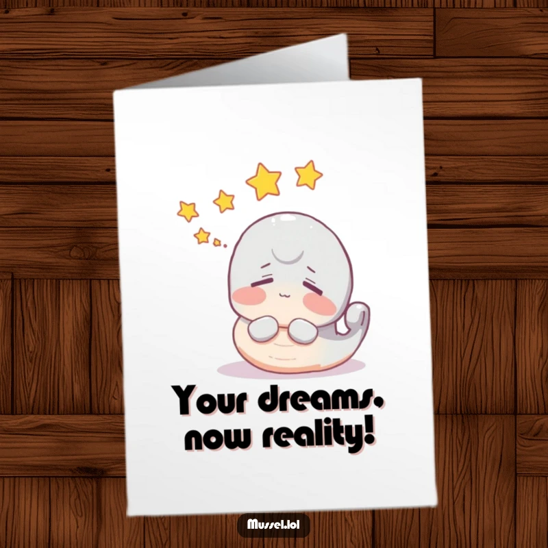 Funny Free Printable Congratulations Card: A mussel character dreaming with stars, celebrating aspirations and future success.