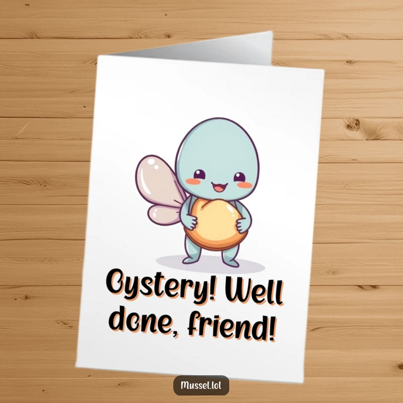 Funny Free Printable Congratulations Card: A friendly mussel character presents a shell, symbolizing a grand achievement and congrats.